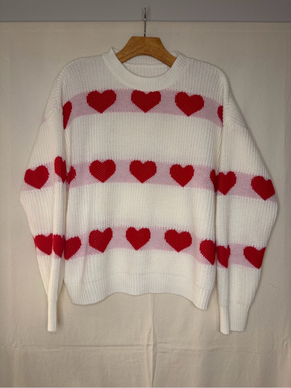Women's Cream Heart-Stripe Knit Sweater - Red Hearts